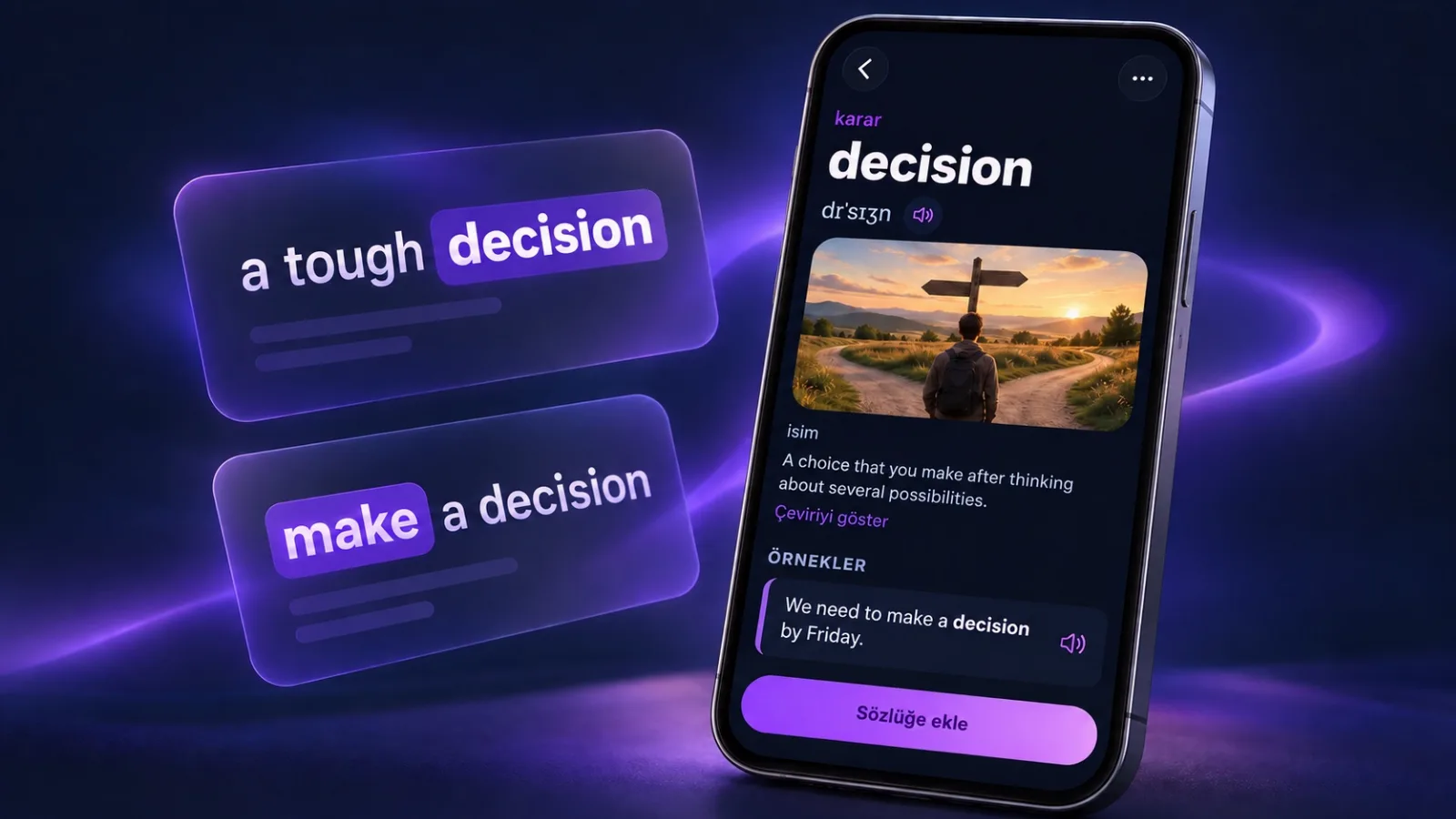 VibeLing'de decision kelimesinin örnekli kartı