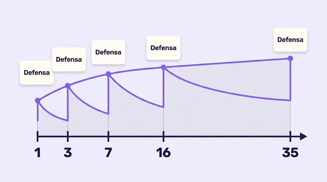 Spaced repetition schedule: the word comes back on day 1, 3, 7, 16 and 35, and the forgetting curve decays more slowly each time