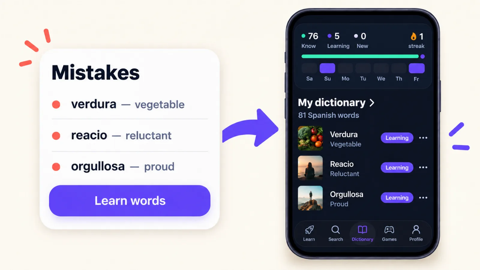 Results screen with the mistakes list and the Learn words button, next to the VibeLing dictionary holding those words