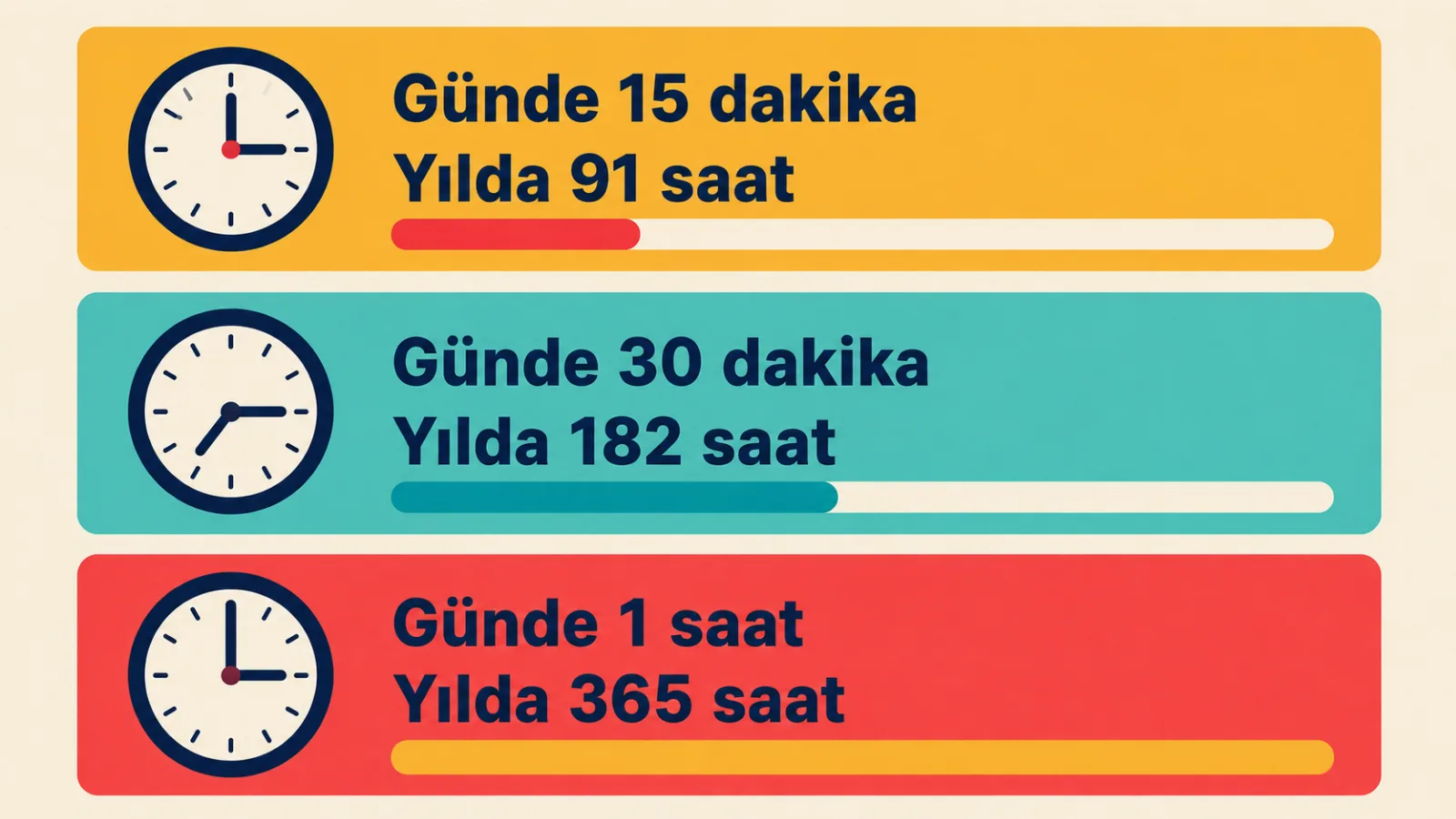 Günde 15, 30 ve 60 dakika çalışmayla yılda kaç saat biriktiği