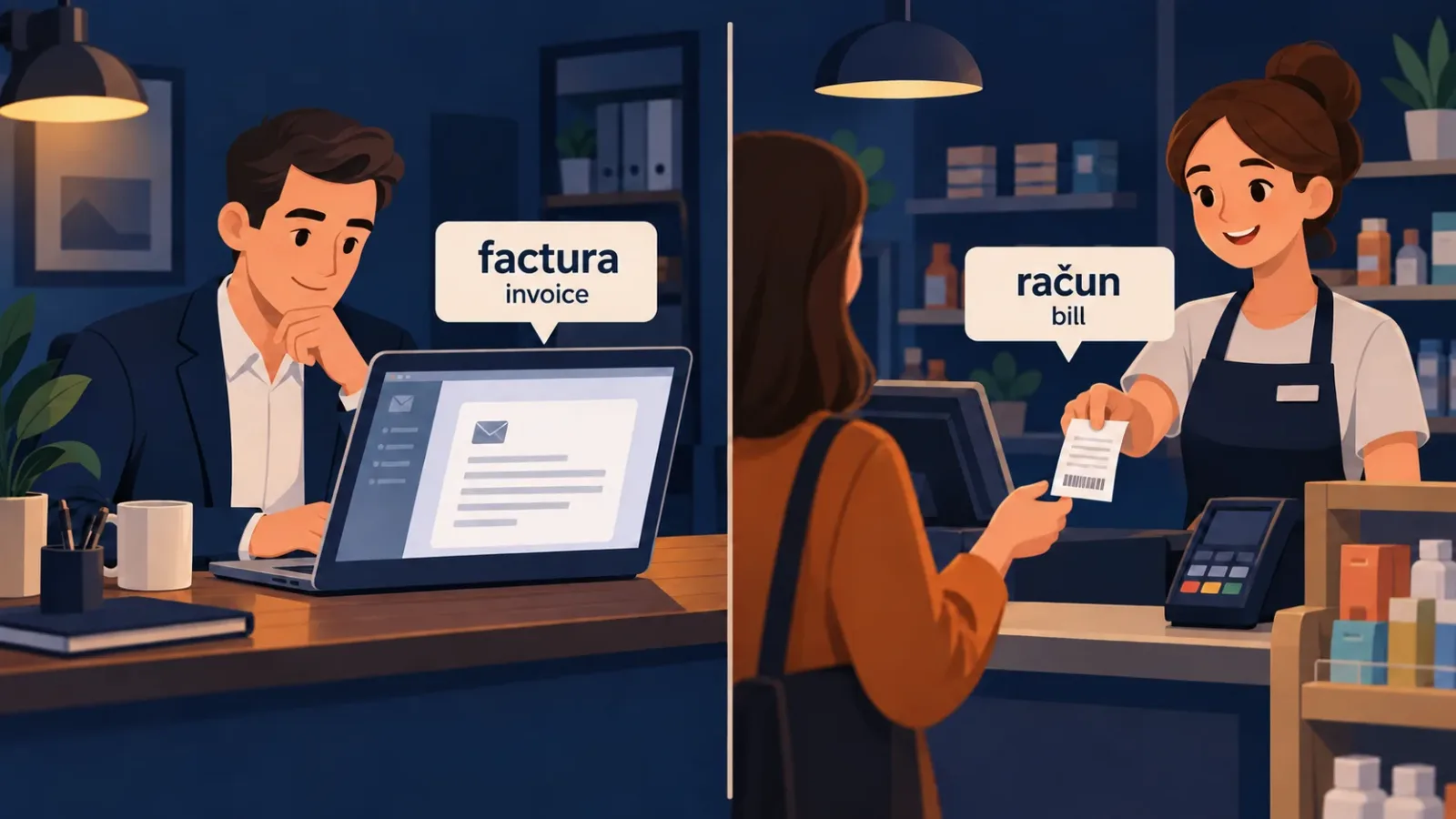 Words from different situations don't get mixed up: factura in the office, račun at the checkout