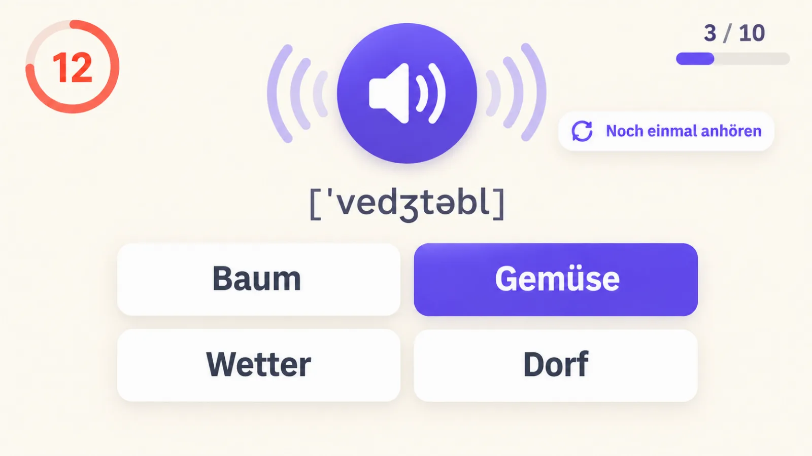 Spiel „Hör-Sprint“: das Wort wird vorgelesen, vier Übersetzungen auf dem Bildschirm