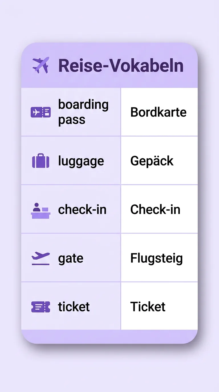 Reise-Sprachführer: englische Wörter mit deutscher Übersetzung (Bordkarte, Gepäck, Check-in, Flugsteig, Ticket)