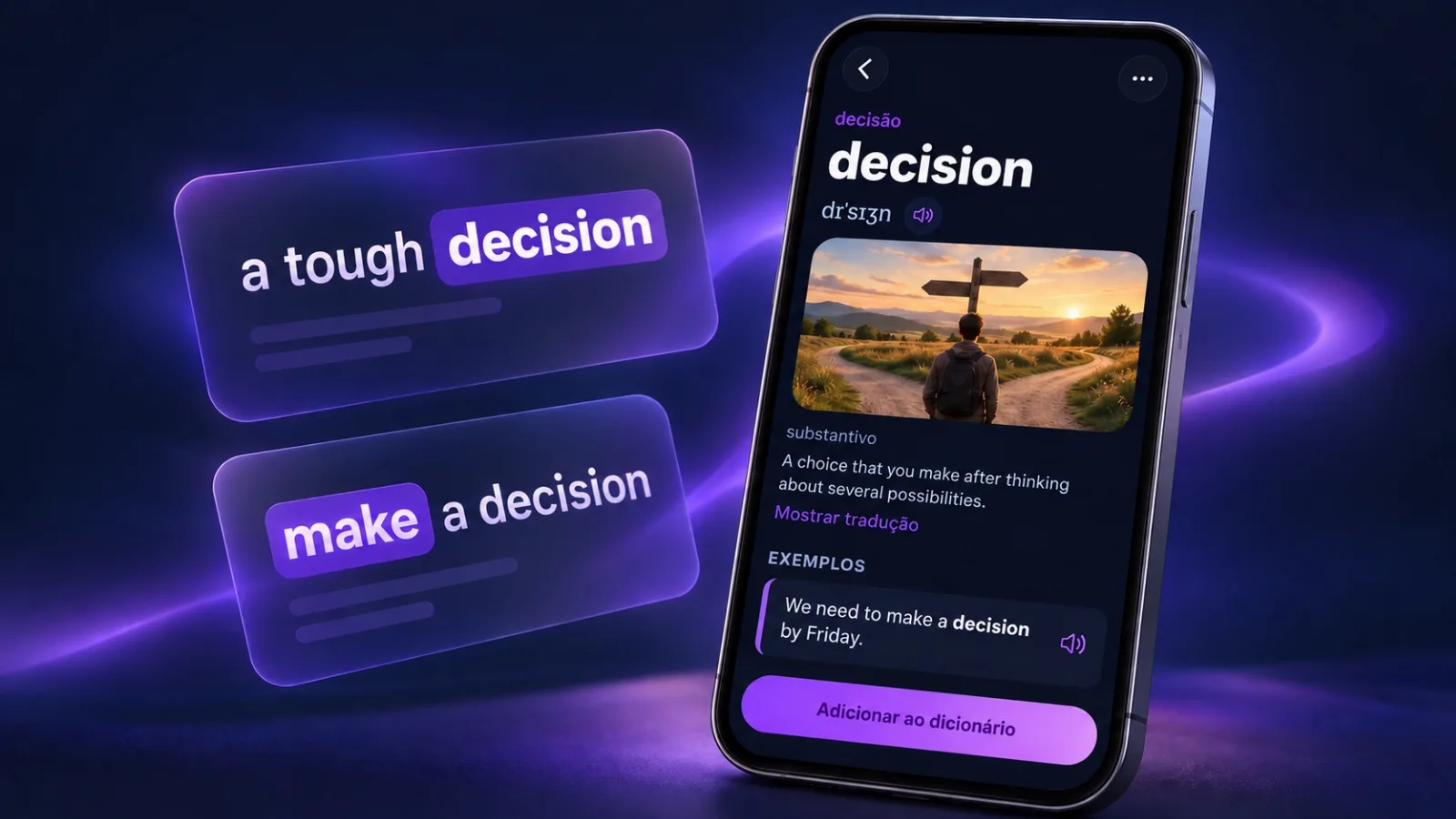 Card da palavra decision com exemplo no VibeLing