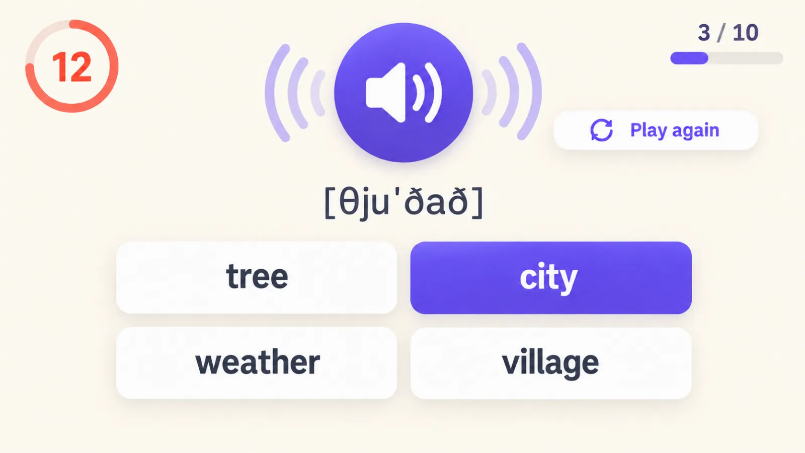 Listening sprint game: the word is played aloud, four translations on screen