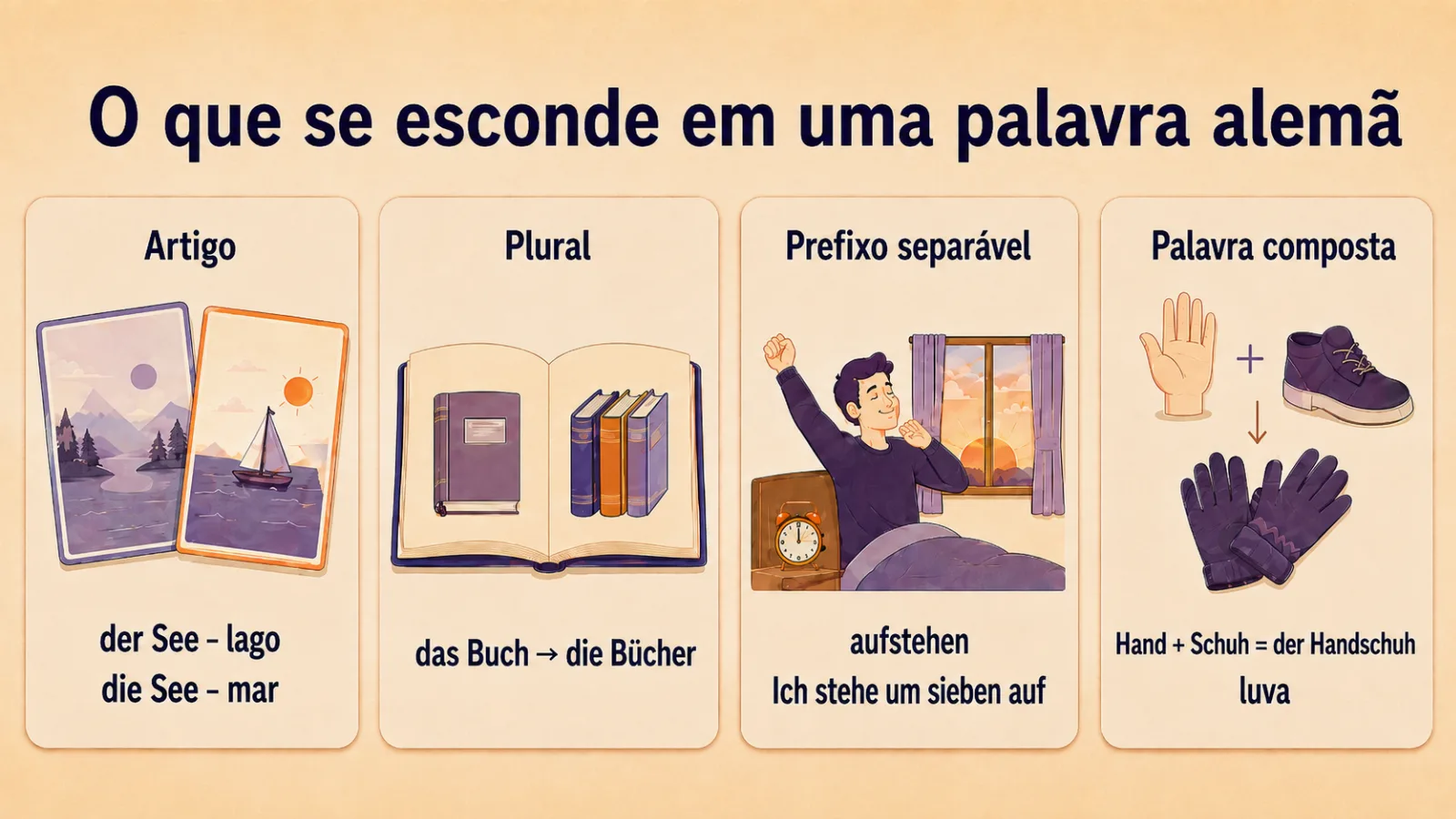 O que se esconde em uma palavra alemã: artigo, plural, prefixo separável, palavra composta