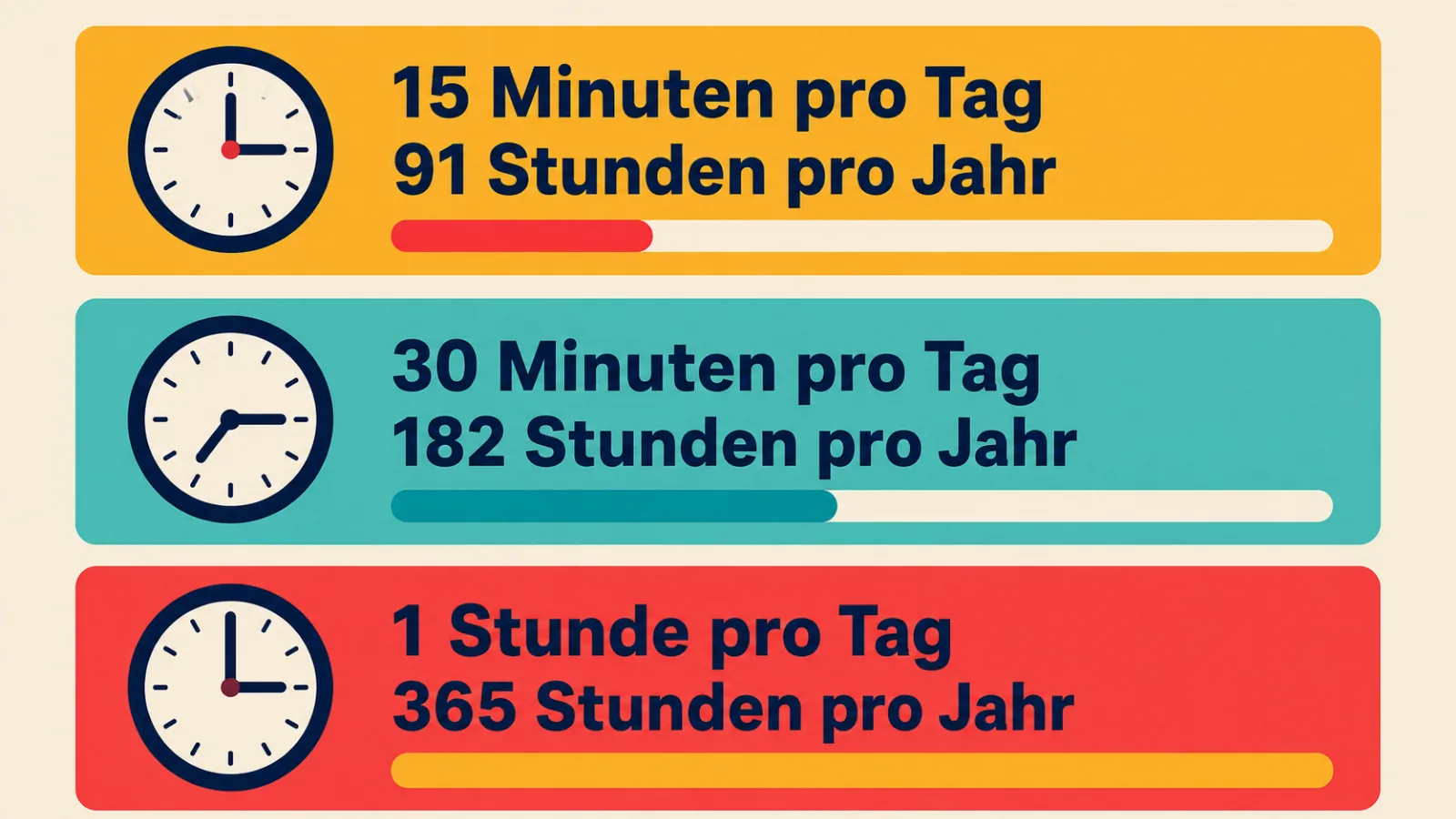 Wie viele Stunden im Jahr bei 15, 30 und 60 Minuten Lernen pro Tag zusammenkommen