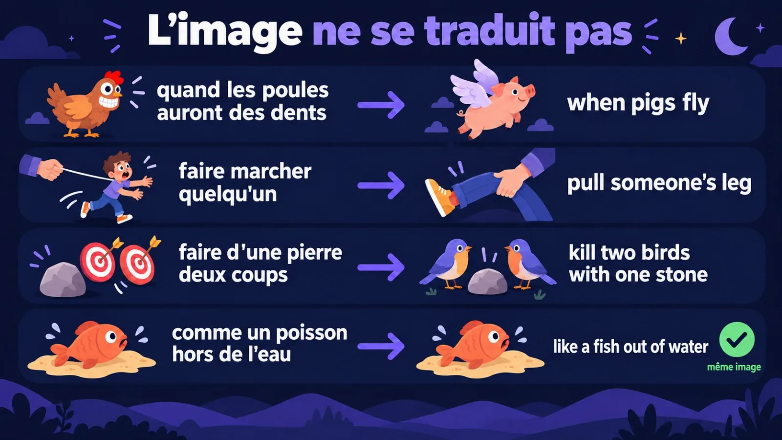 Expressions françaises et leurs équivalents anglais avec une autre image