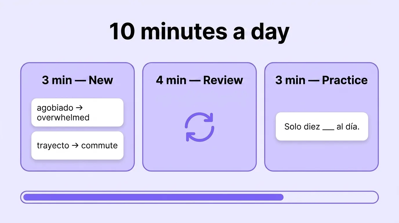 How to split 10 minutes: 3 minutes new words, 4 minutes review, 3 minutes practice