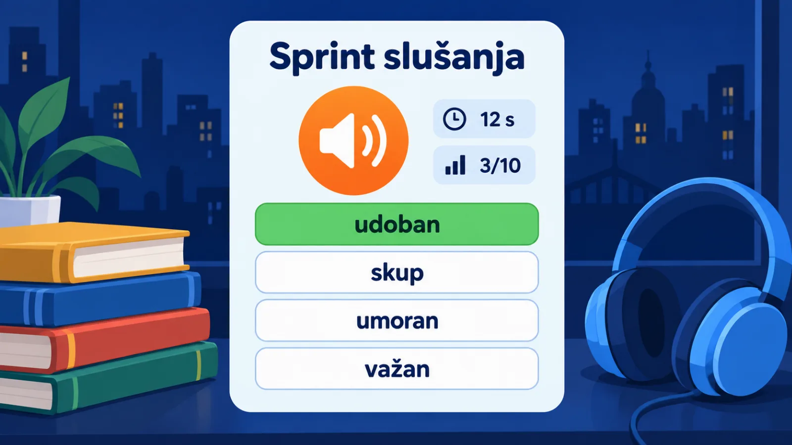 Igra Sprint slušanja: reč se čuje, prevod se bira za 12 sekundi