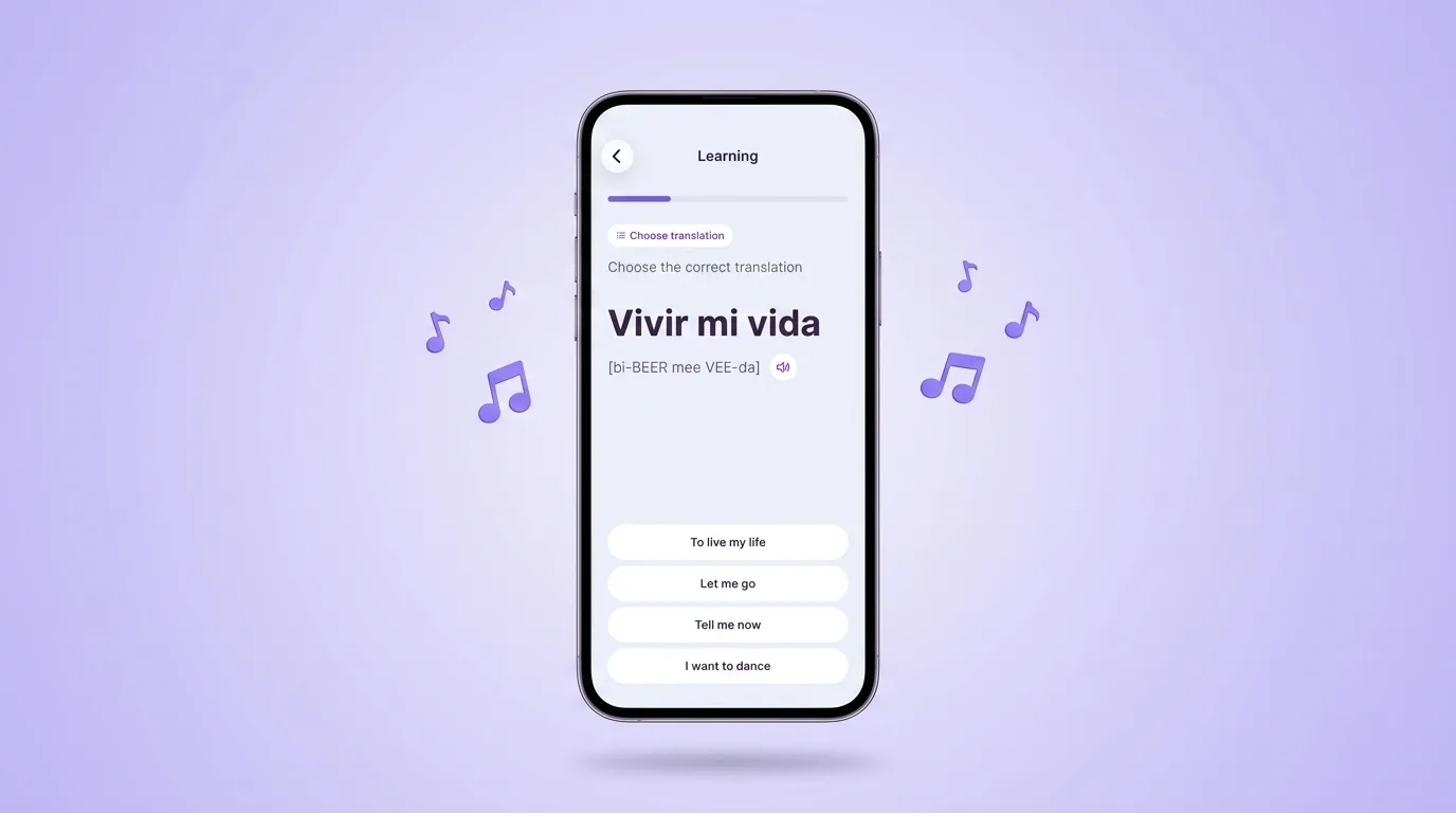 Practising a phrase from a song in the VibeLing app