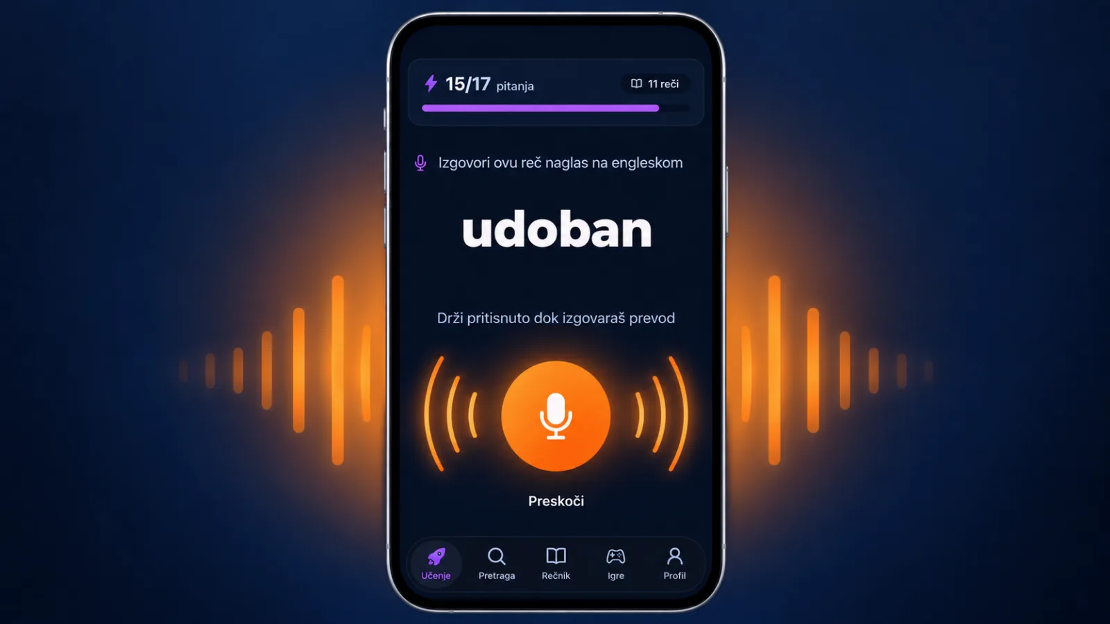 Vežba izgovora u VibeLingu: reč udoban i dugme mikrofona