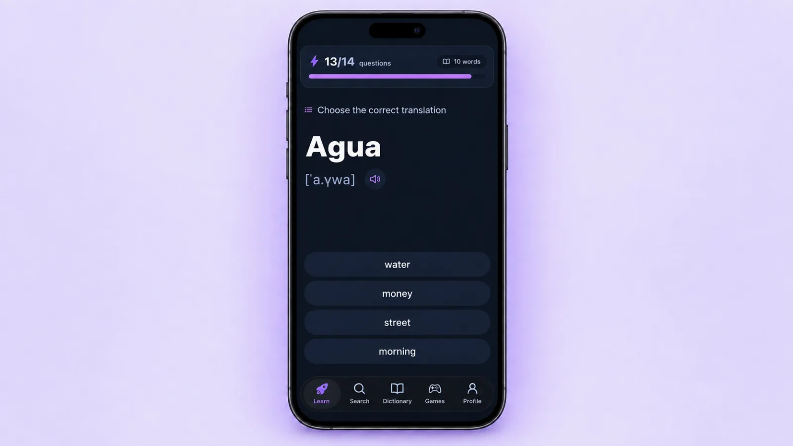 VibeLing training screen with the word Agua and answer options
