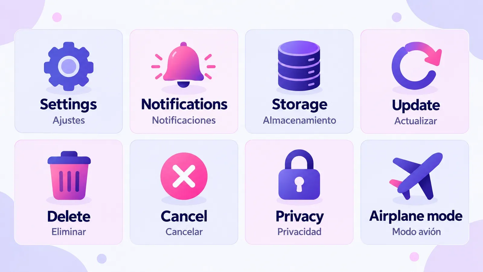 Tarjetas con palabras comunes de la interfaz del móvil en inglés y su traducción