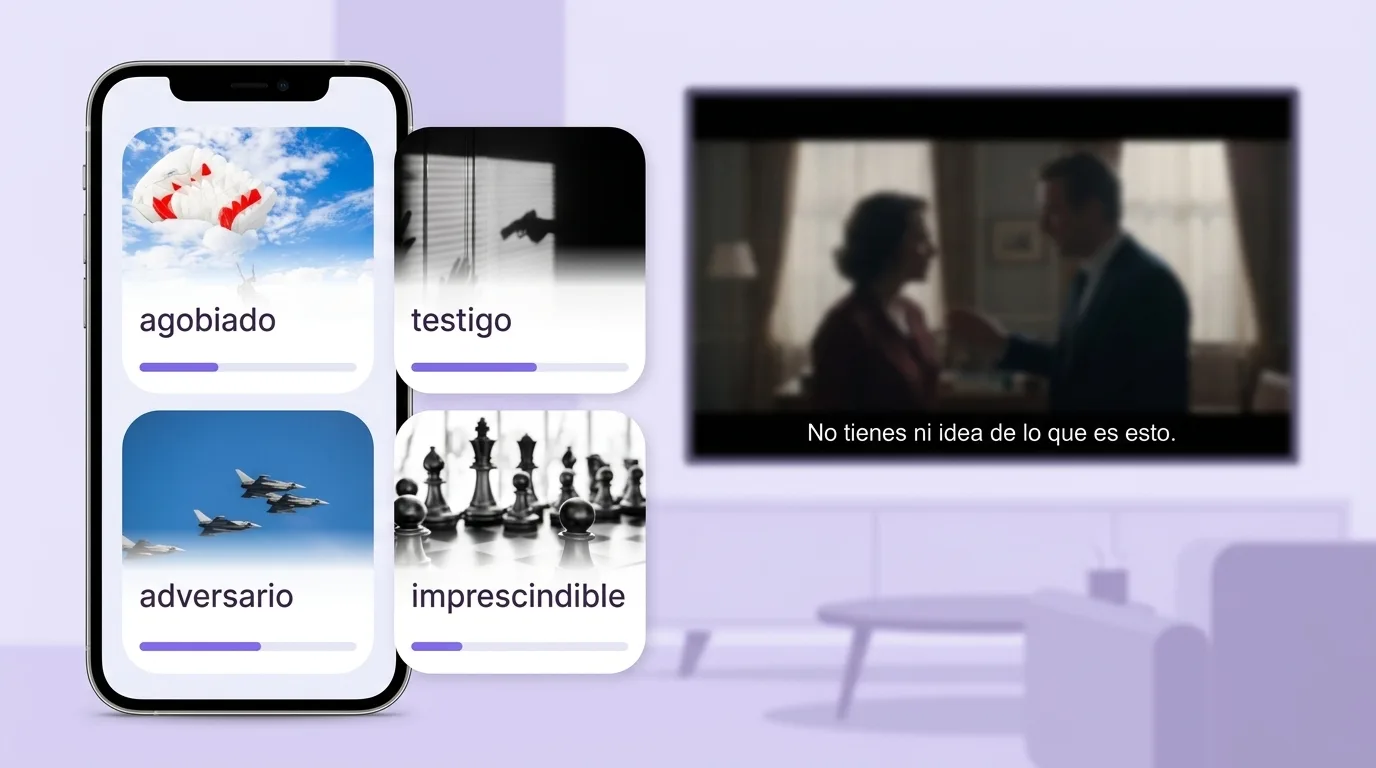 VibeLing personal dictionary screen with Spanish words caught from a TV show, next to a television showing Spanish subtitles