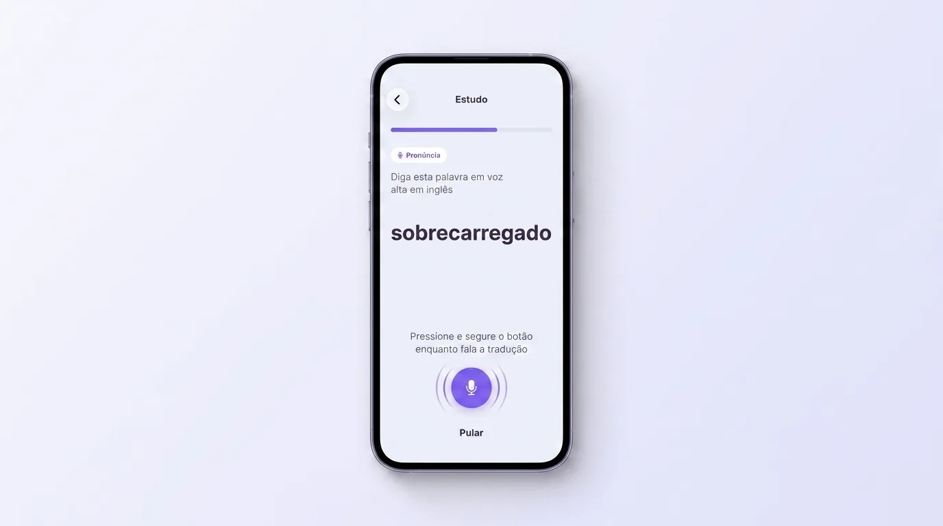 Tela de treino do VibeLing: é preciso dizer a tradução em voz alta no microfone