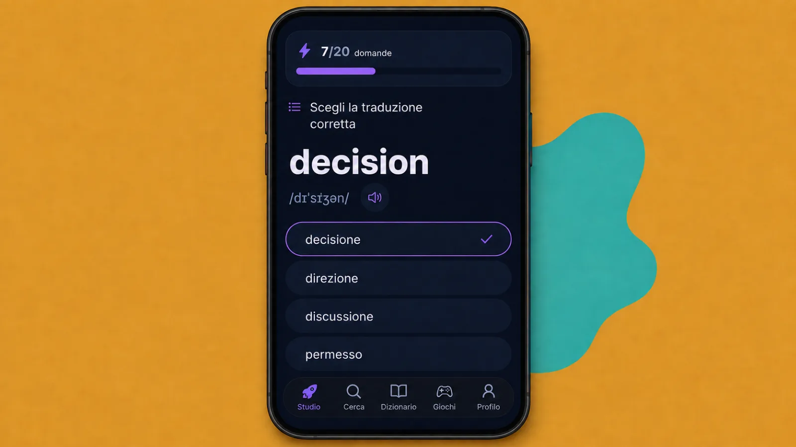 Allenamento di una parola nell'app VibeLing: scegliere la traduzione corretta