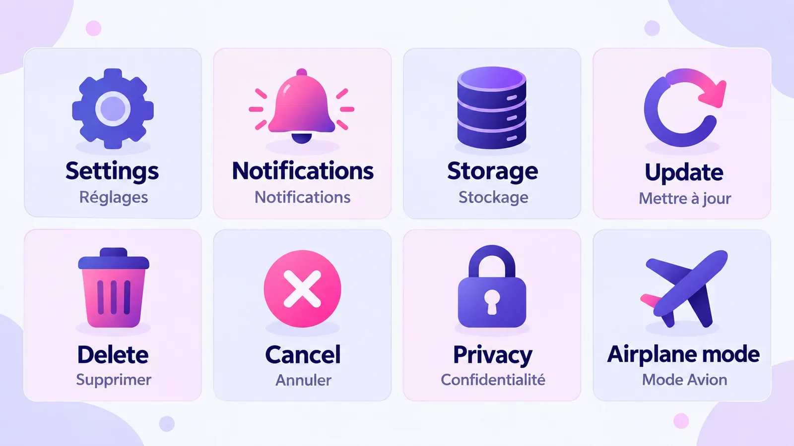 Cartes avec des mots courants de l'interface du téléphone en anglais et leur traduction