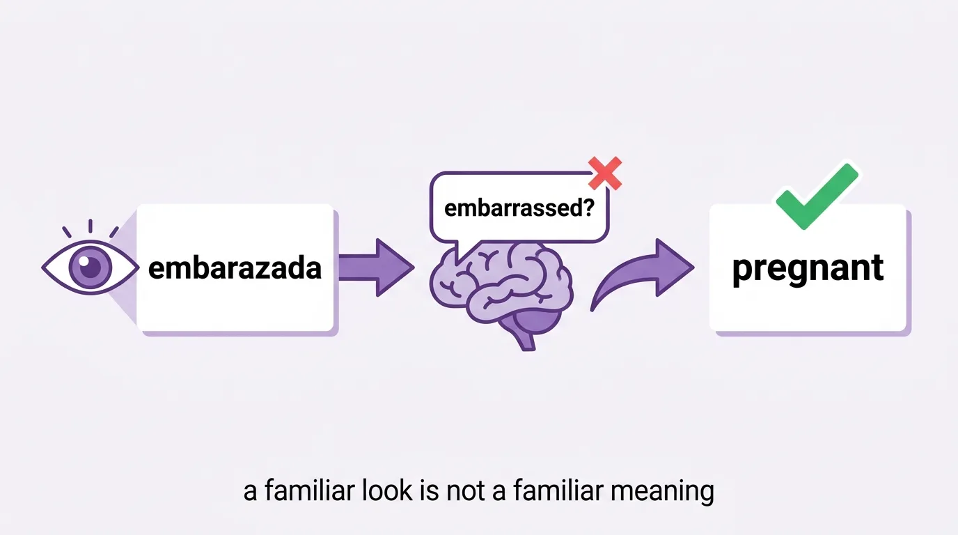 The trap: you see embarazada, your brain suggests embarrassed, the real meaning is pregnant