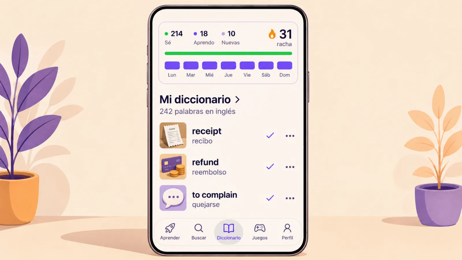 La racha de días y los contadores del diccionario en la pantalla principal de VibeLing