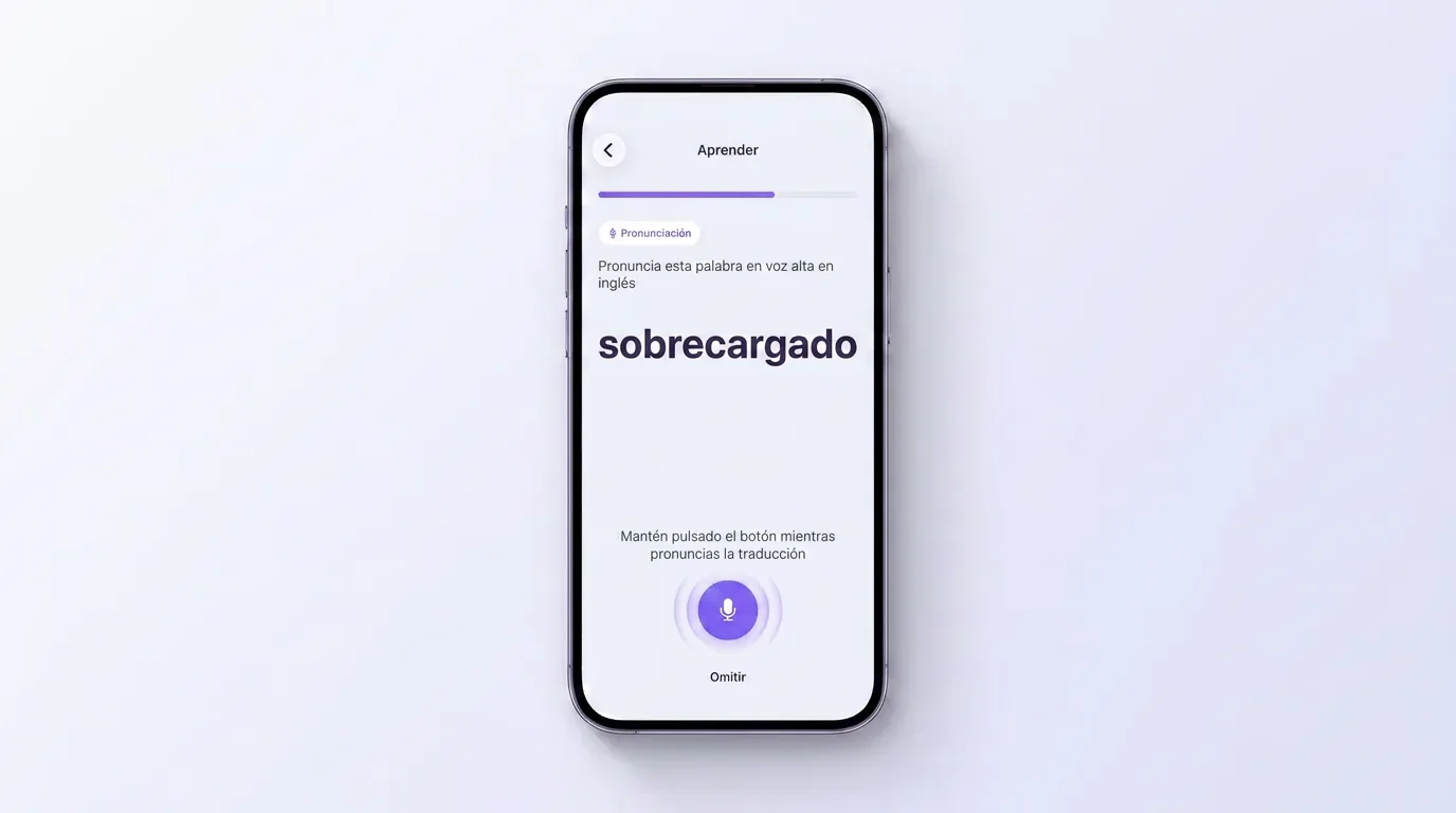 Pantalla de entrenamiento de VibeLing: hay que decir la traducción en voz alta al micrófono