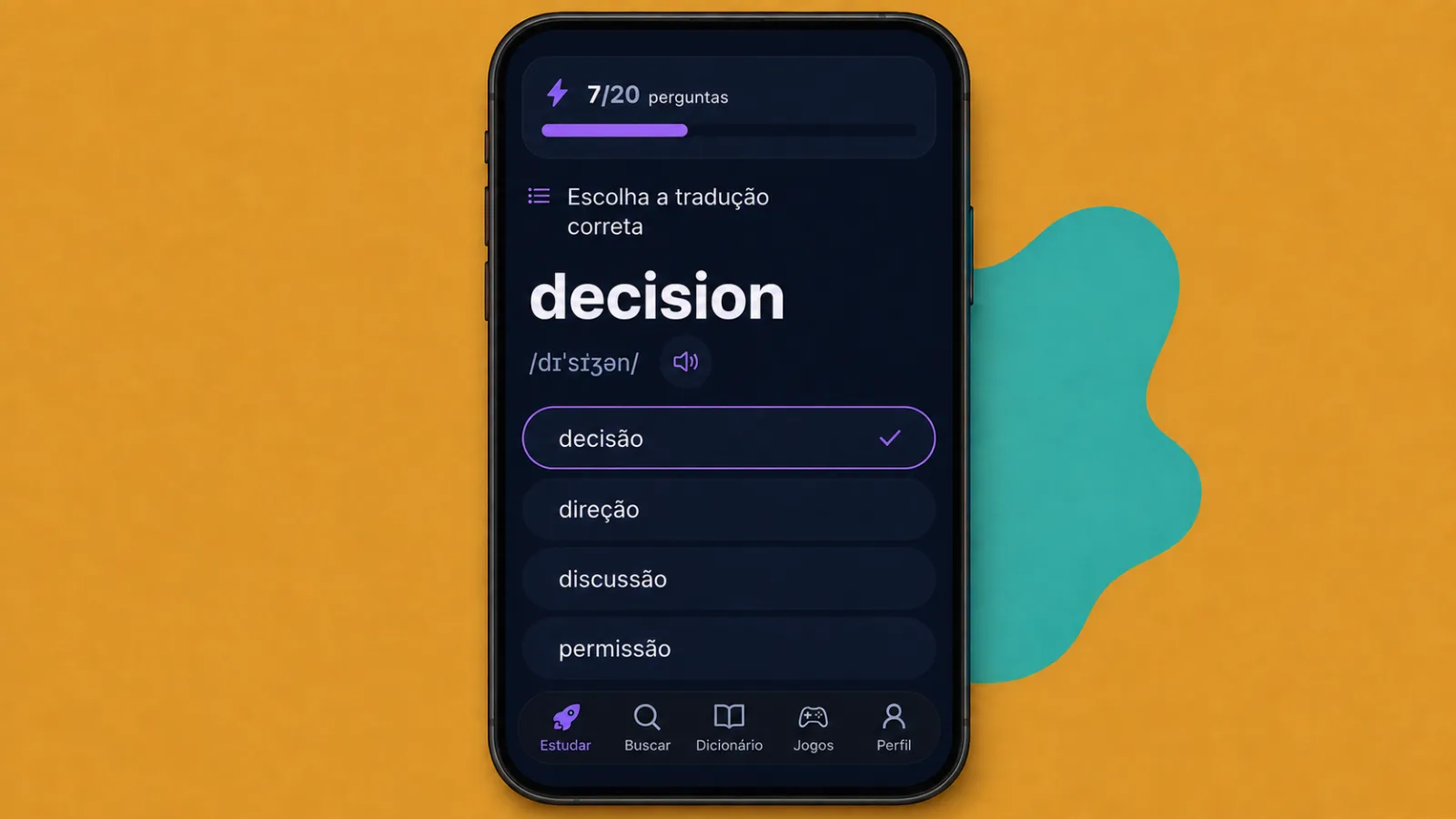 Treino de uma palavra no app VibeLing: escolher a tradução correta