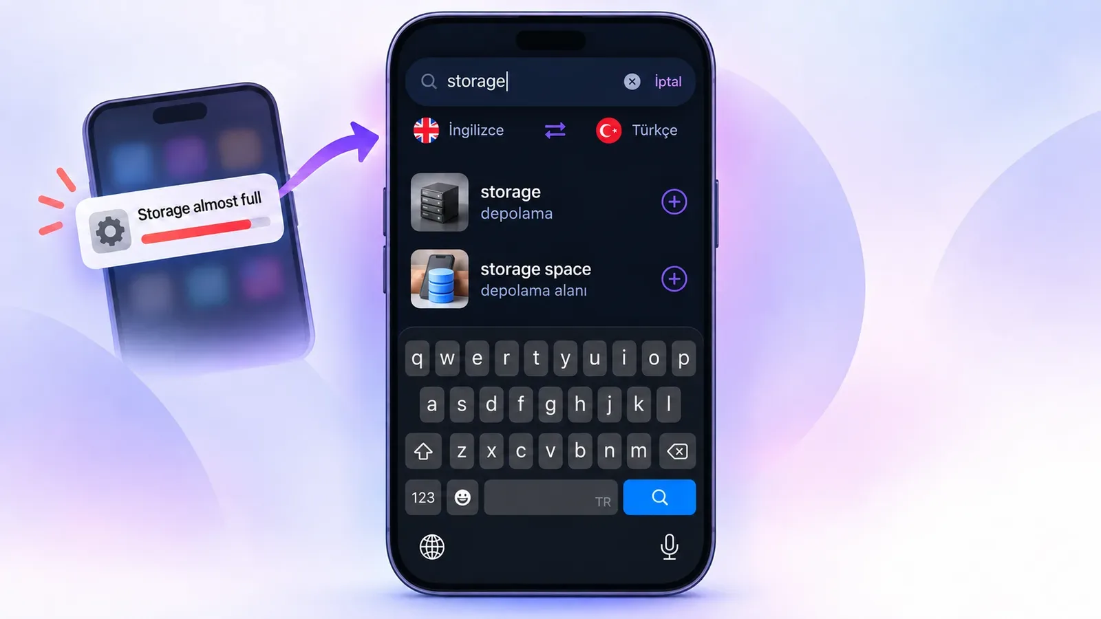 VibeLing'de storage kelimesini arama ve kelime listesine kaydetme