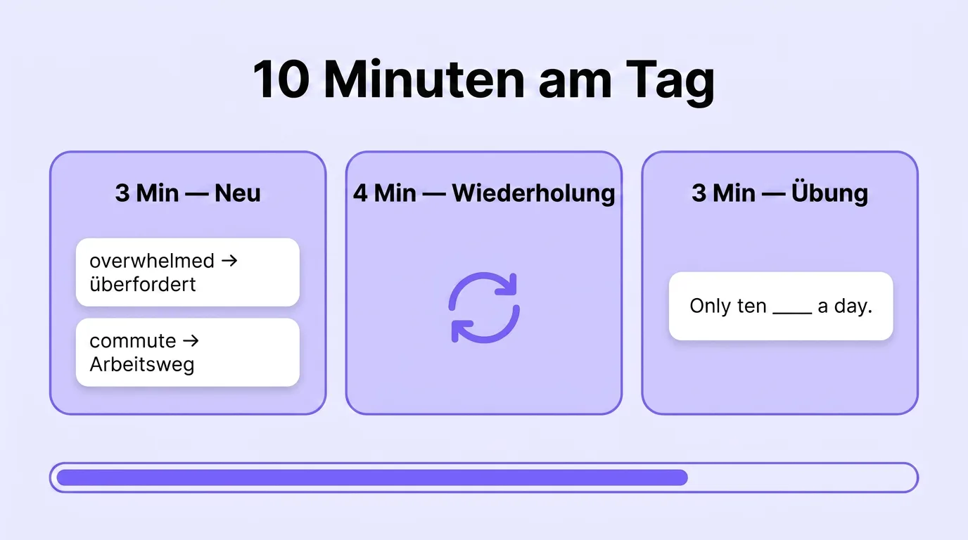 So teilst du 10 Minuten: 3 Minuten Neu, 4 Minuten Wiederholung, 3 Minuten Üben