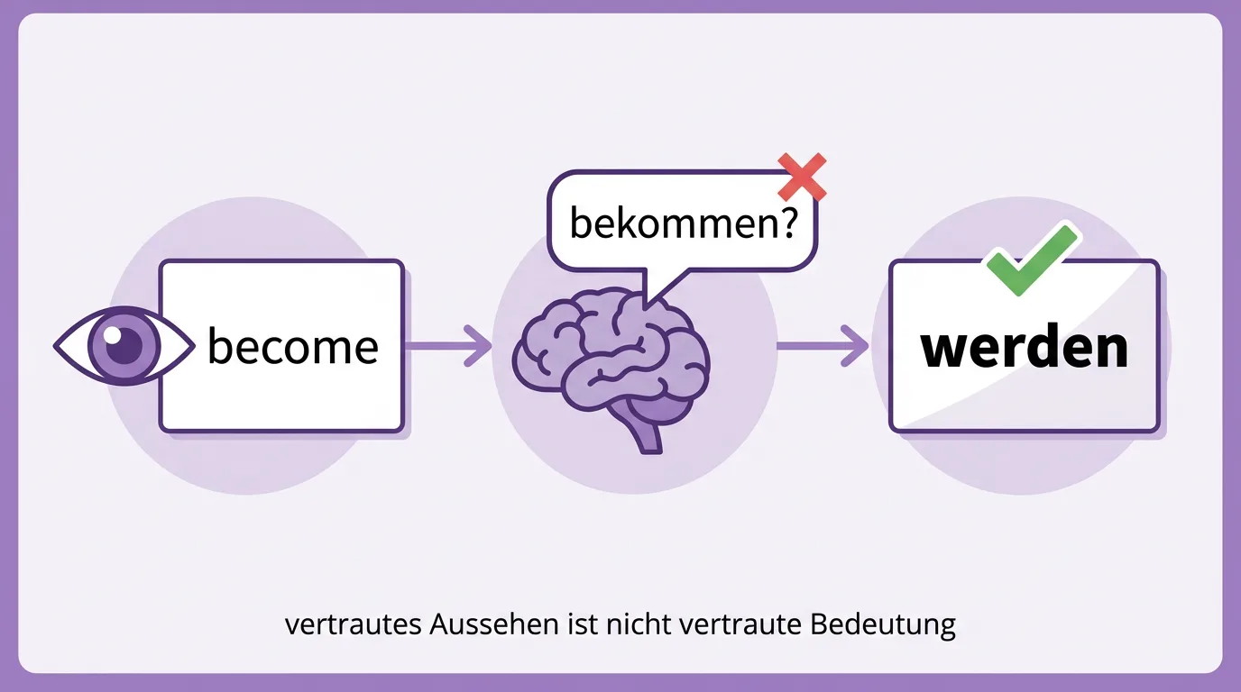 Die Falle: du siehst become, das Gehirn schlägt bekommen vor, die echte Bedeutung ist werden