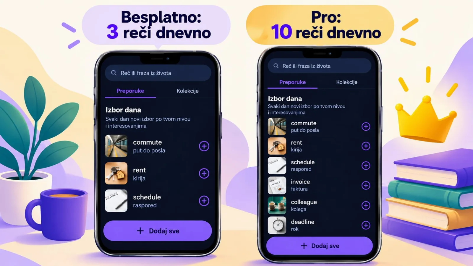 Preporuke reči u VibeLing-u: 3 dnevno besplatno, 10 u Pro verziji