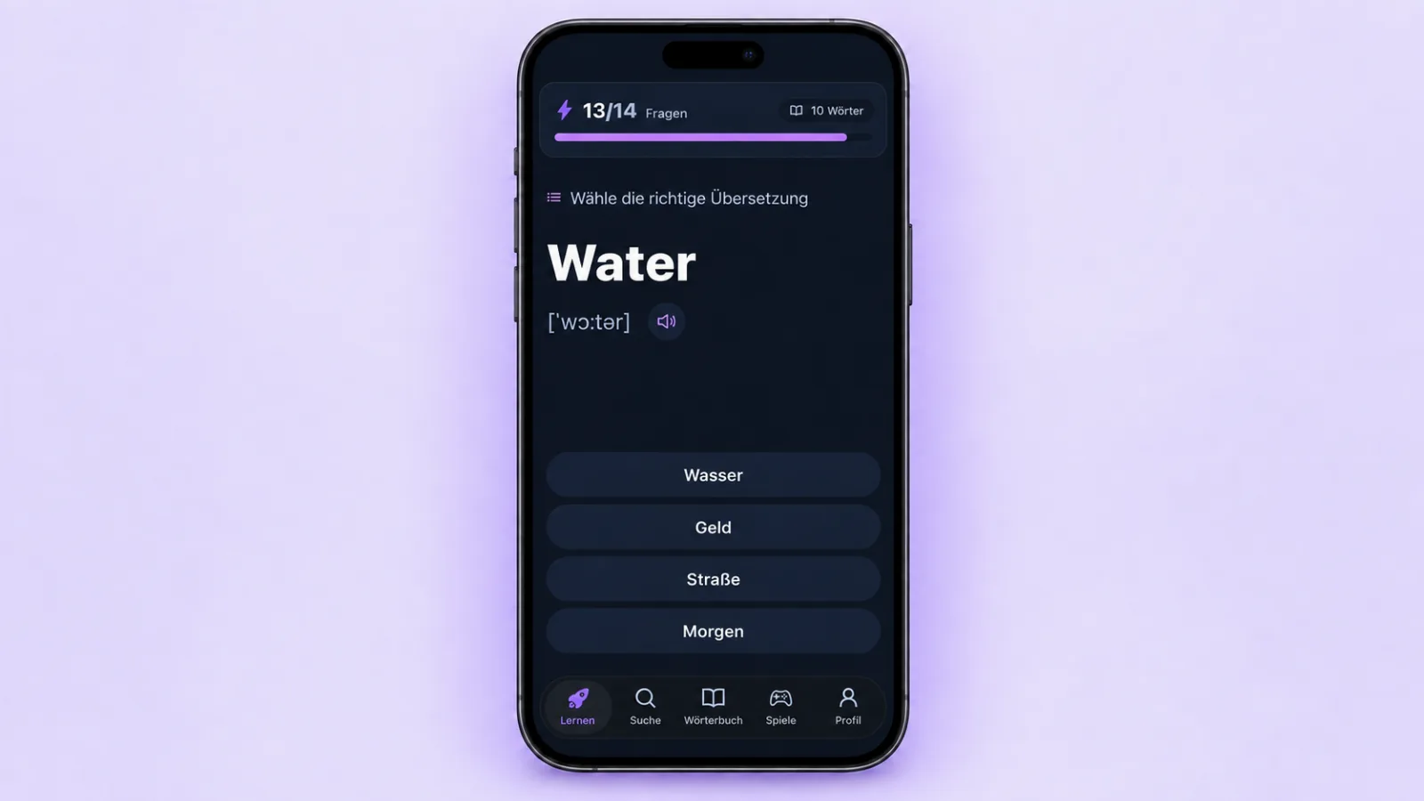 VibeLing-Trainingsbildschirm mit dem Wort Water