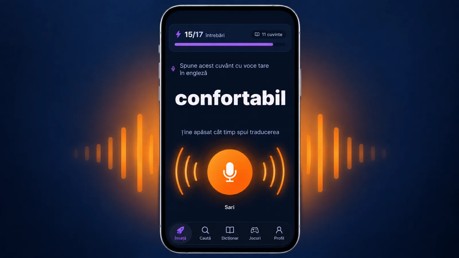 Exercițiu de pronunție în VibeLing: cuvântul confortabil și butonul microfonului