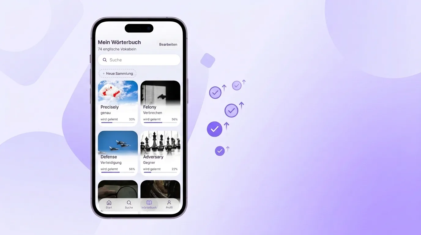 VibeLing-App mit Lernfortschritt pro Vokabel