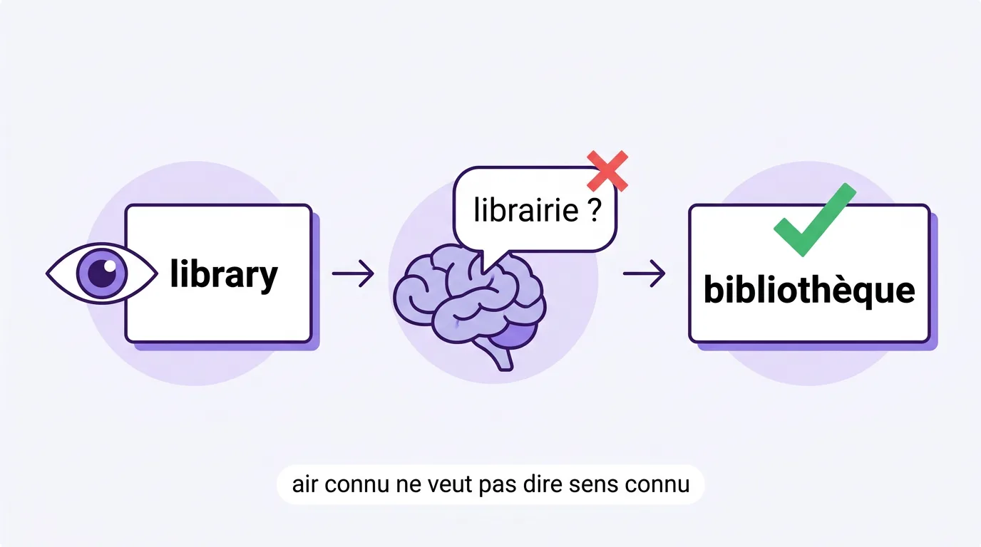 Le piège : vous voyez library, le cerveau propose librairie, le vrai sens est bibliothèque