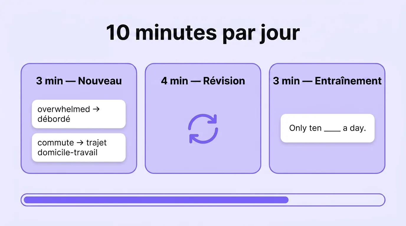 Comment répartir 10 minutes : 3 minutes nouveau, 4 minutes révision, 3 minutes entraînement