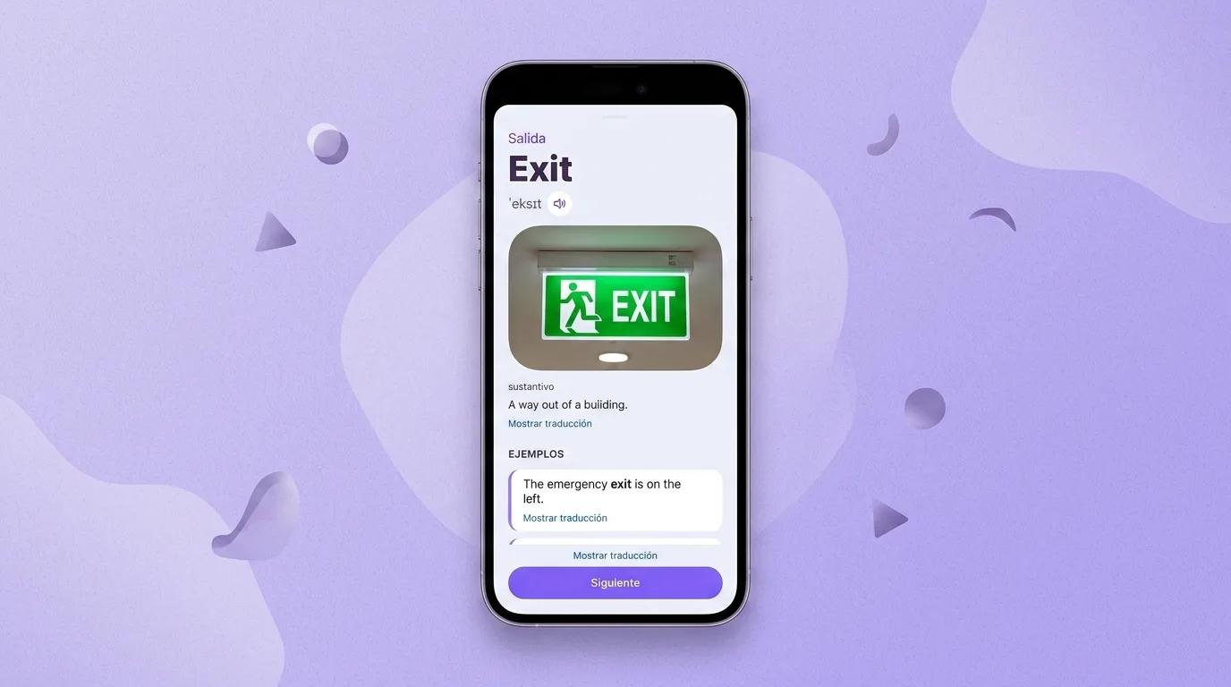 Tarjeta de la palabra exit en VibeLing: traducción, transcripción, definición y ejemplo