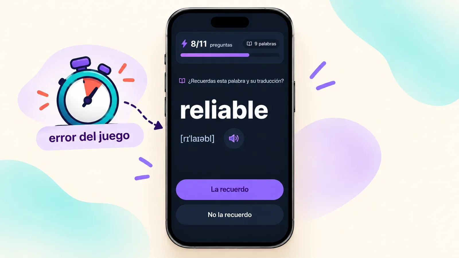 Modo de memorización en VibeLing: una palabra del juego vuelve al repaso con los botones La recuerdo y No la recuerdo