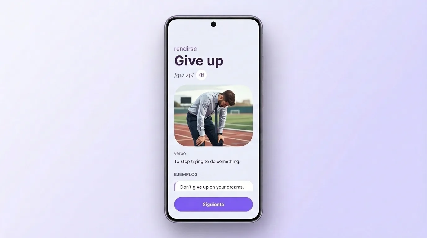 Ficha del phrasal verb give up en VibeLing: traducción, transcripción, audio y ejemplo
