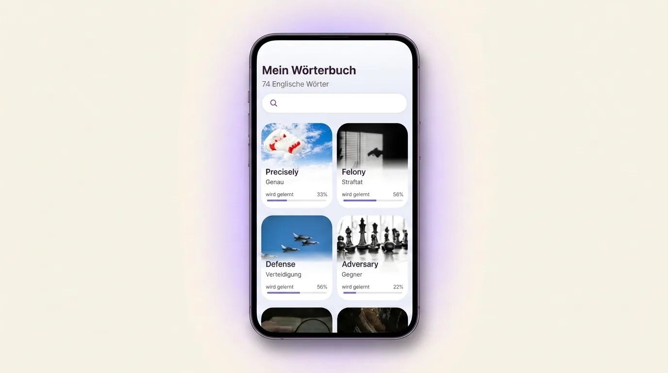 Der Bildschirm „Mein Wörterbuch“ in VibeLing: Karten mit englischen Wörtern und Lernfortschritt in Prozent