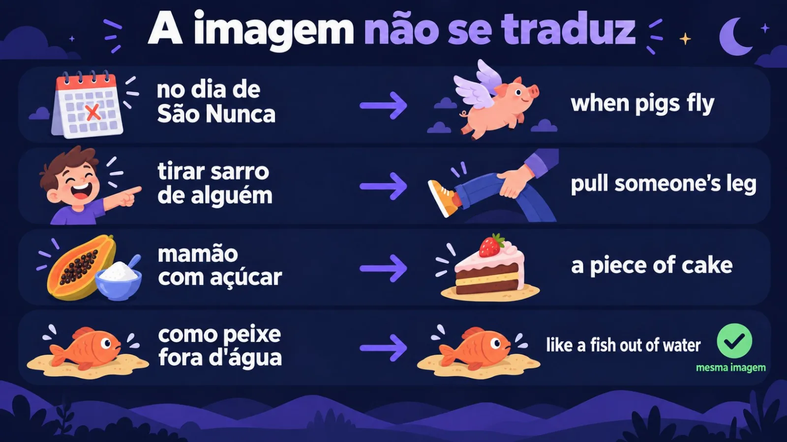 Expressões brasileiras e seus equivalentes em inglês com outra imagem
