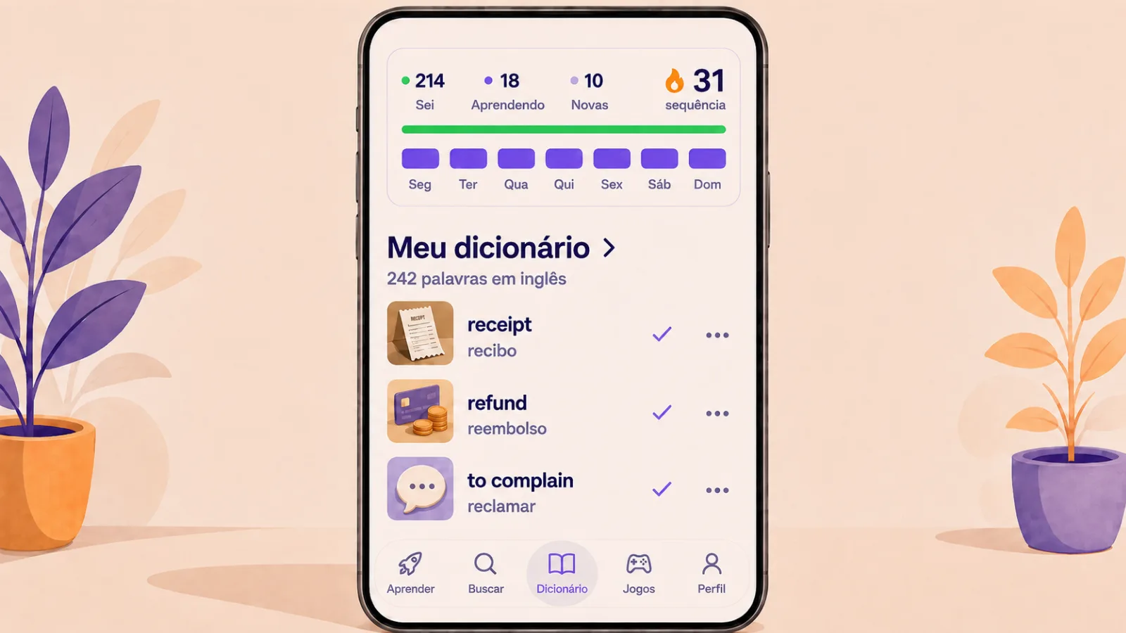 A sequência de dias e os contadores do dicionário na tela inicial do VibeLing