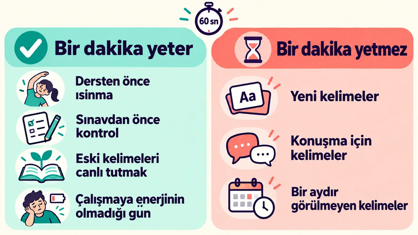 Bir dakika ne zaman yeter, ne zaman yetmez: iki sütunlu şema
