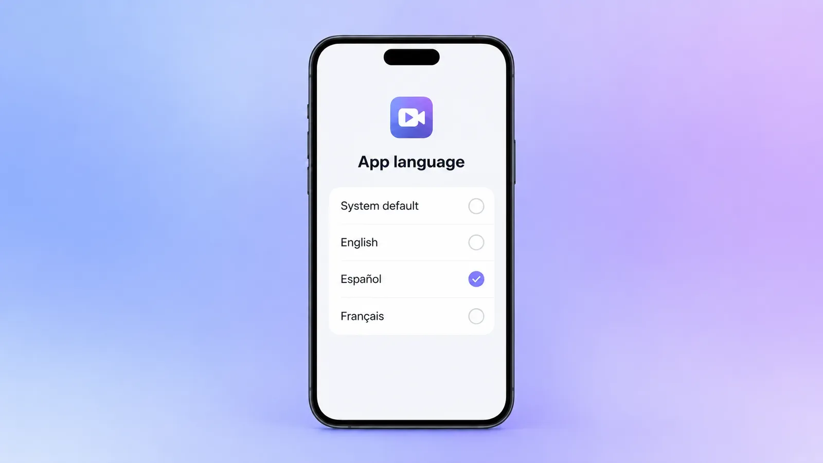 App language selection screen for a single app