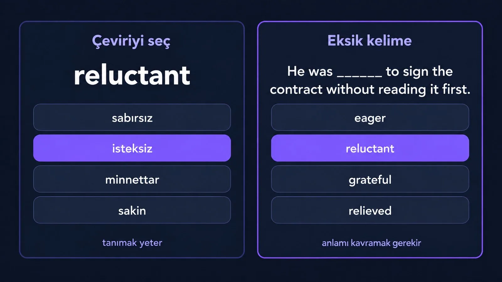 İki görevin karşılaştırması: çeviri seçme ve eksik kelime, reluctant kelimesiyle