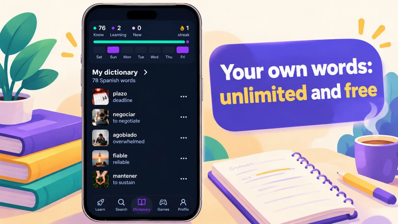 VibeLing personal dictionary: unlimited own words in the free version