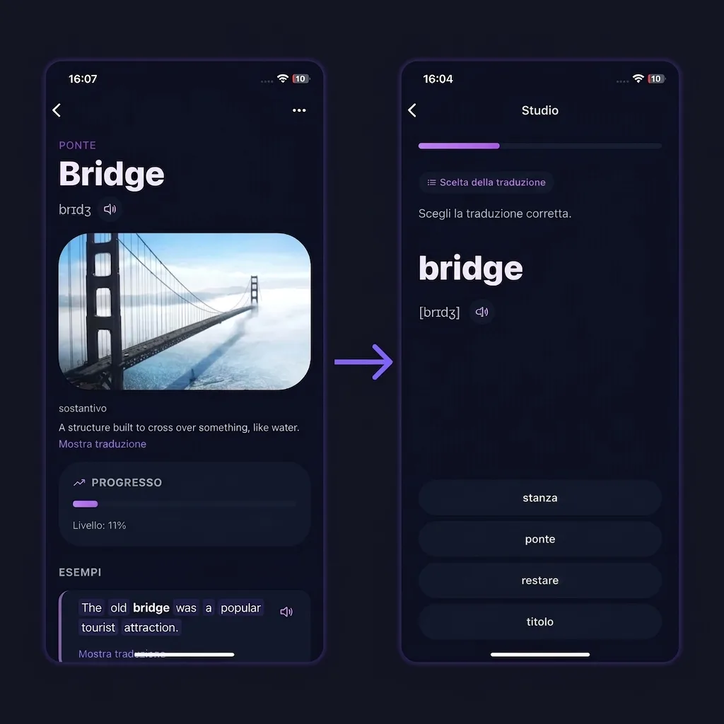 VibeLing: scheda della parola inglese bridge ed esercizio di scelta della traduzione