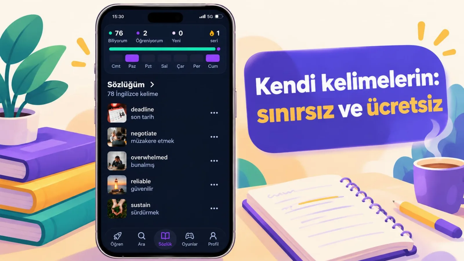 VibeLing kişisel sözlük: ücretsiz sürümde sınırsız kendi kelimelerin