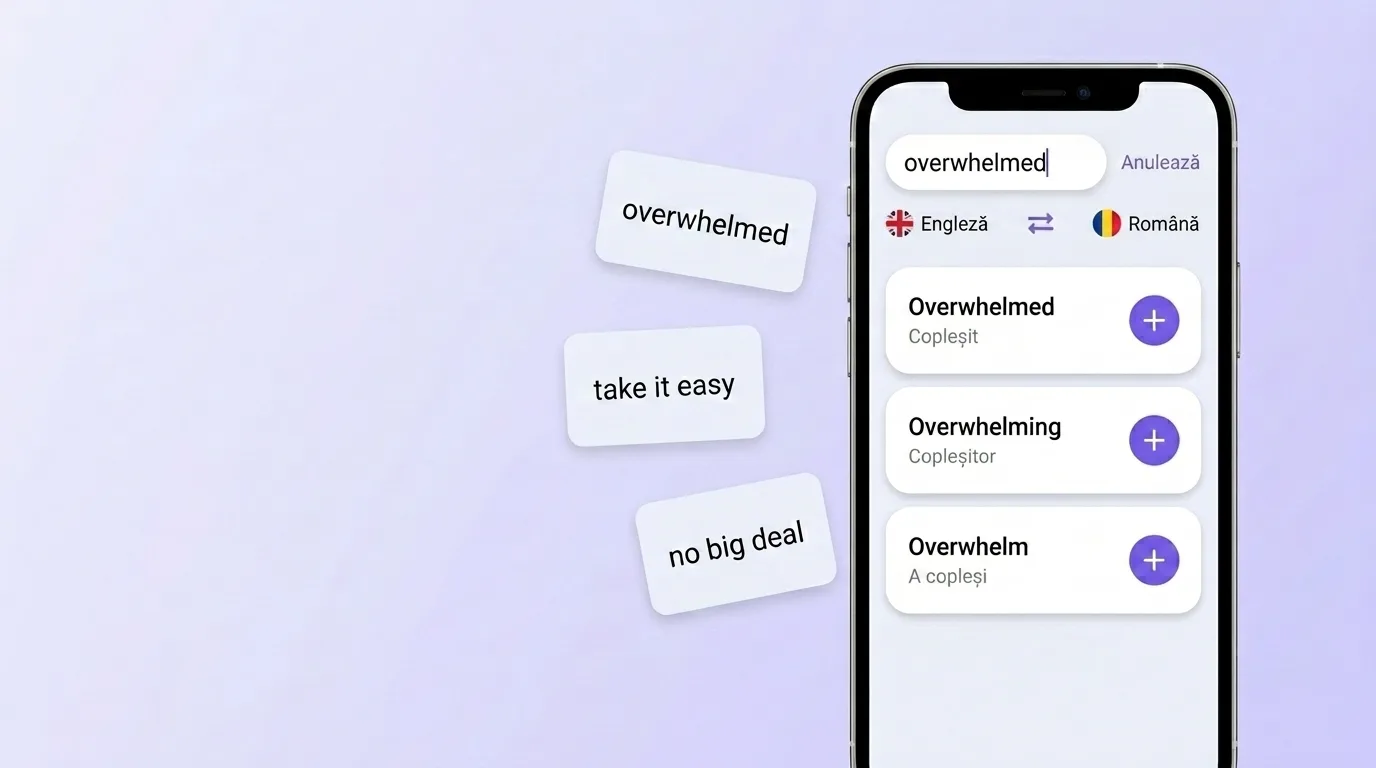 Căutarea cuvântului overwhelmed în VibeLing și adăugarea lui în vocabularul propriu