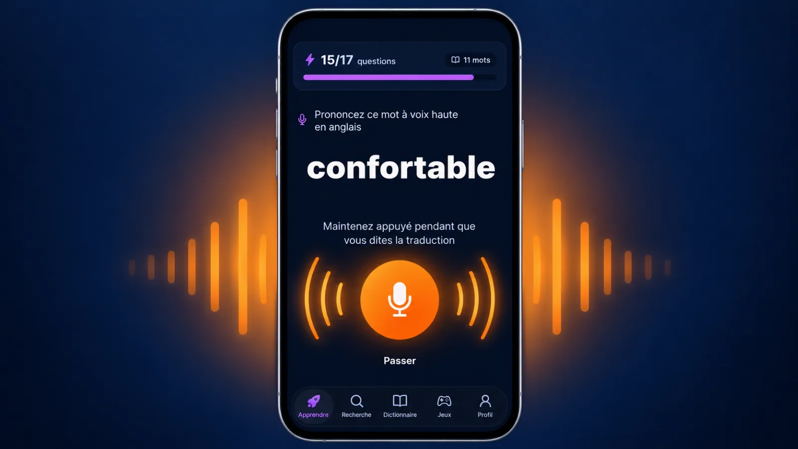 Exercice de prononciation dans VibeLing : le mot confortable et le bouton micro