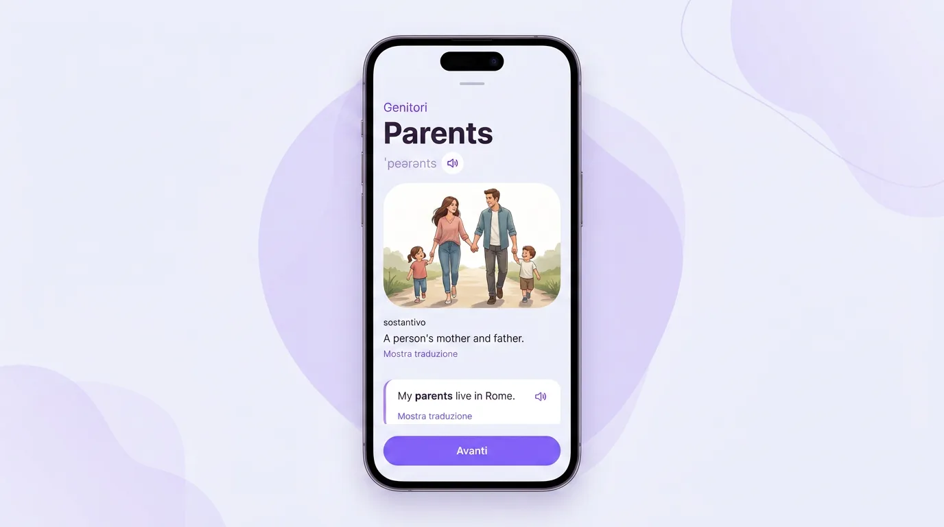 Scheda della parola parents in VibeLing: traduzione, trascrizione, definizione ed esempio
